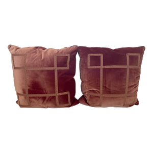Pair of Clarence House Terracotta Silk Velvet 18" Down Cushions Greek Key Trim