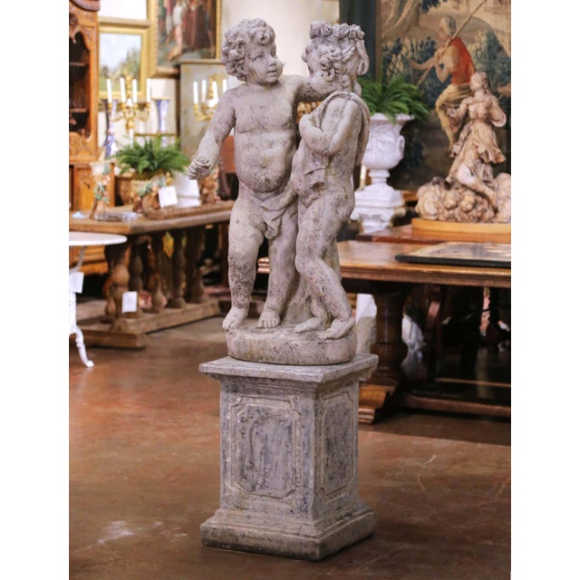Early 20th Century French Cast Stone Cherub Garden Sculpture on Pedestal For Sale In Dallas - Image 6 of 14