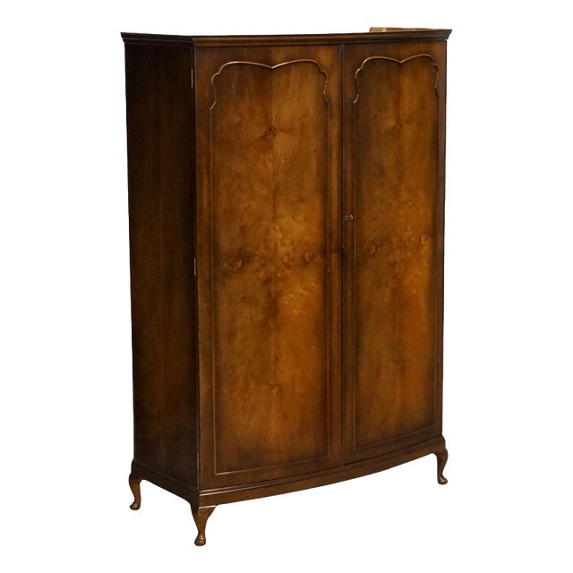 English Art Deco Walnut Double Wardrobe with Queen Anne Legs, 1920s For Sale