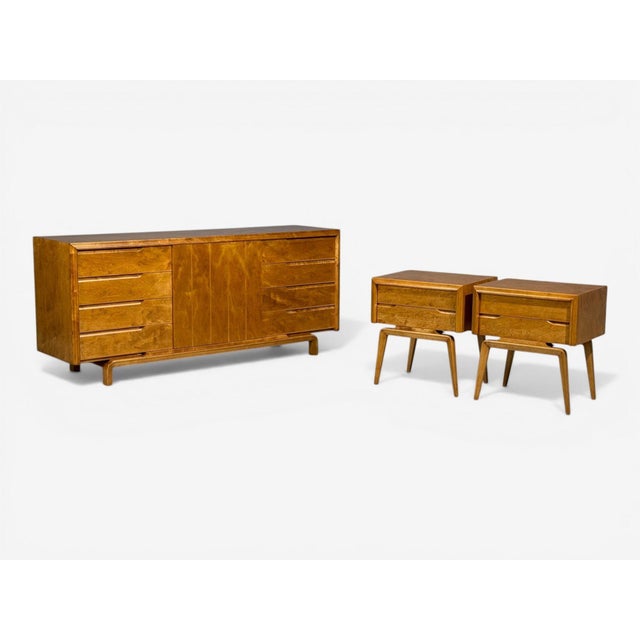 Edmund J Spence, Swedish Mid-Century Modern, Dresser and Nightstands, Burled Maple, Bentwood, Sweden, 1960s Swedish modern...