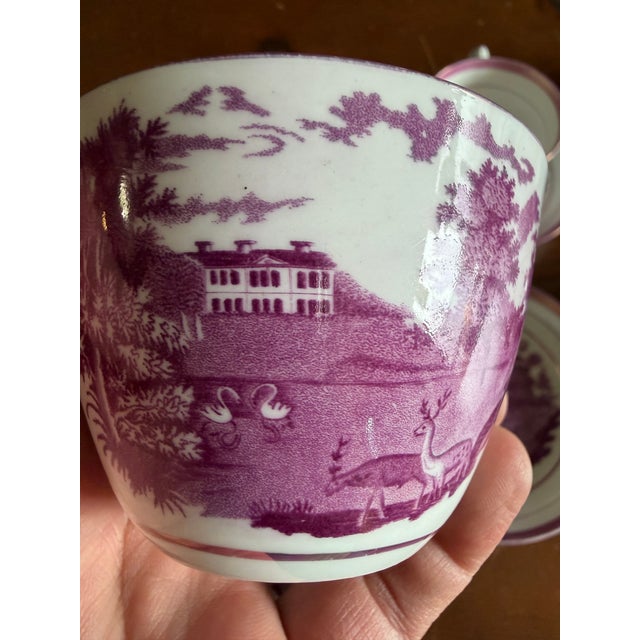1805 Rare Antique Set of Four Pink Lustre and Bat Printed Pearlware Handled Cups and Saucers, Attributed to Thomas Wolfe - Set of 8 For Sale - Image 11 of 17