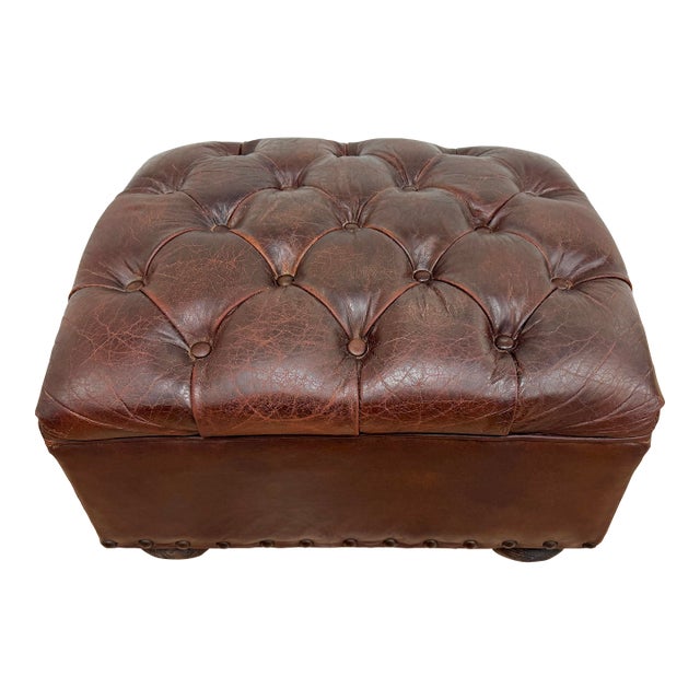 Vintage Restoration Hardware Tufted Leather Ottoman For Sale