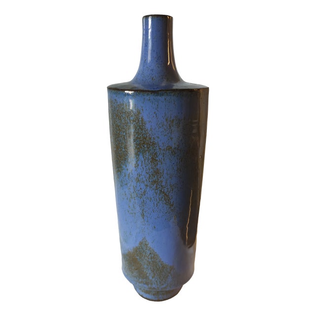 Blue Textured Studio Ceramic Vase in Running Glaze, 1960s For Sale