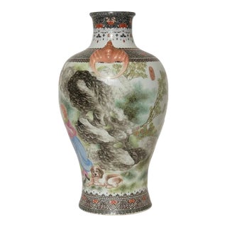 Large Antique Chinese Famille Rose Porcelain Floor Vase With Figural Scene and Wooden Stand For Sale