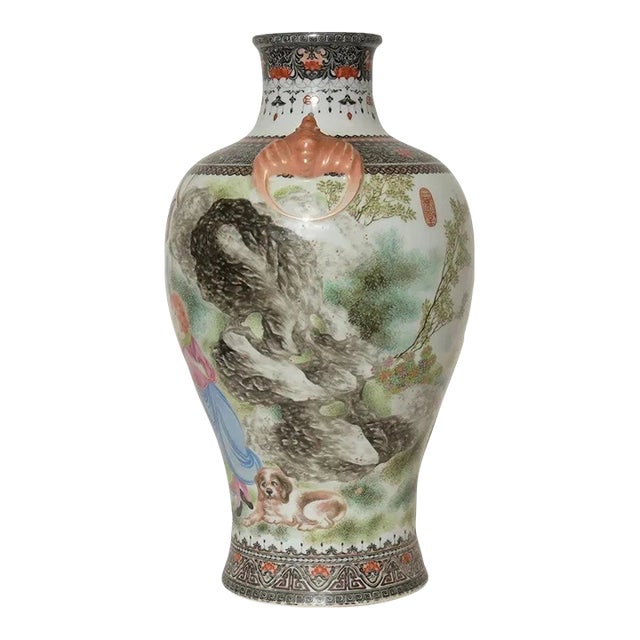 Large Antique Chinese Famille Rose Porcelain Floor Vase With Figural Scene and Wooden Stand For Sale