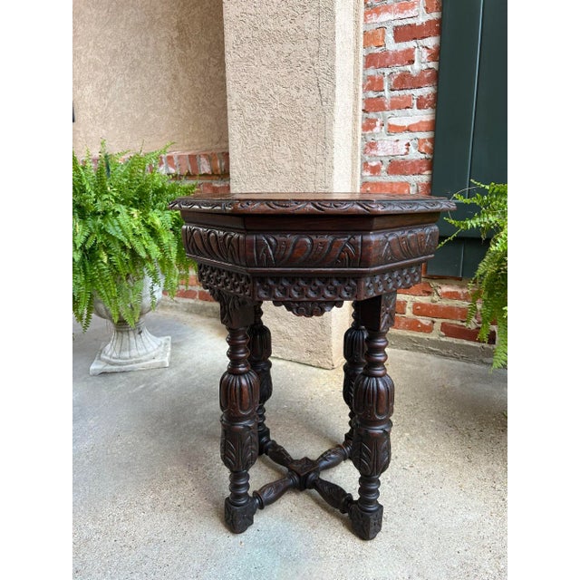 Petite Antique French Octagon Center Side Table Side End Renaissance Carved Oak For Sale - Image 4 of 12