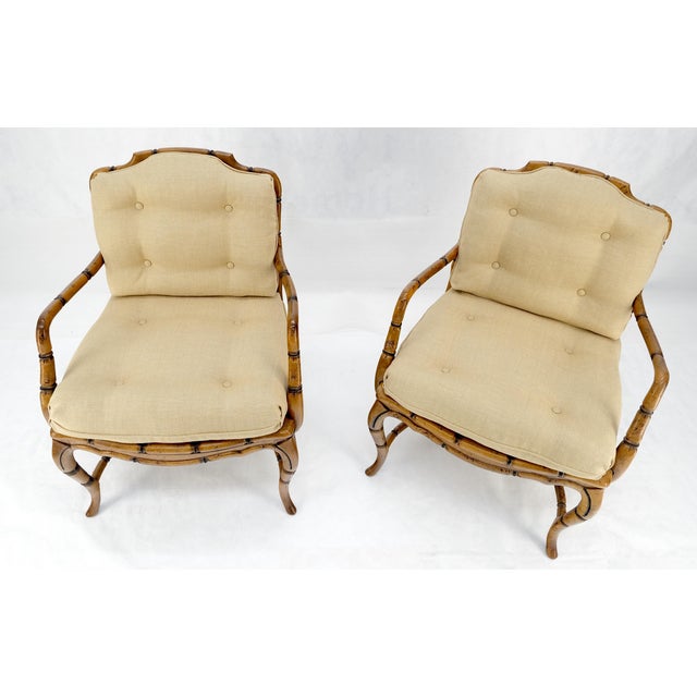 Baker Furniture Company Faux Bamboo Horn Shape Legs New Linen Upholstery Lounge Chairs For Sale - Image 4 of 8