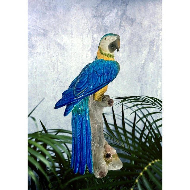 Royal Blue Large Mid Century Italian Royal Blue and Yellow Ceramic Hand Painted Majolica Macaw (Parrot) For Sale - Image 8 of 12