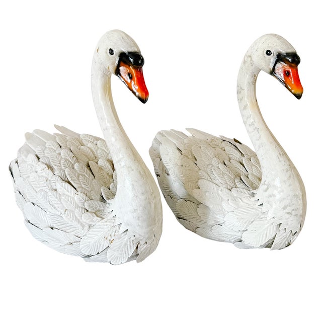 Late 20th Century Shabby Chic White Distressed Sheet Metal Swan Sculptures - A Pair For Sale - Image 16 of 17