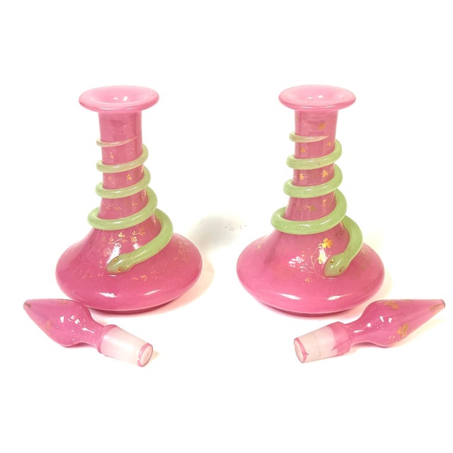 Pair French Pink Opaline Perfume Bottles with Green Serpents Attrib. Baccarat For Sale - Image 11 of 13