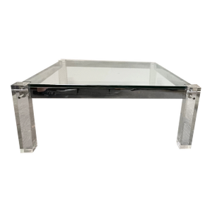 Lucite Coffee Cocktail Table Lug Peg Chrome Square Hollywood Regency Glass