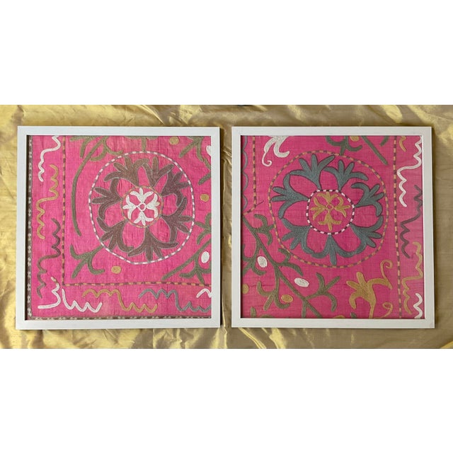 Exquisite Pair of Hand-Embroidered Antique Silk Suzani Framed Silk-on-Silk For Sale - Image 11 of 14
