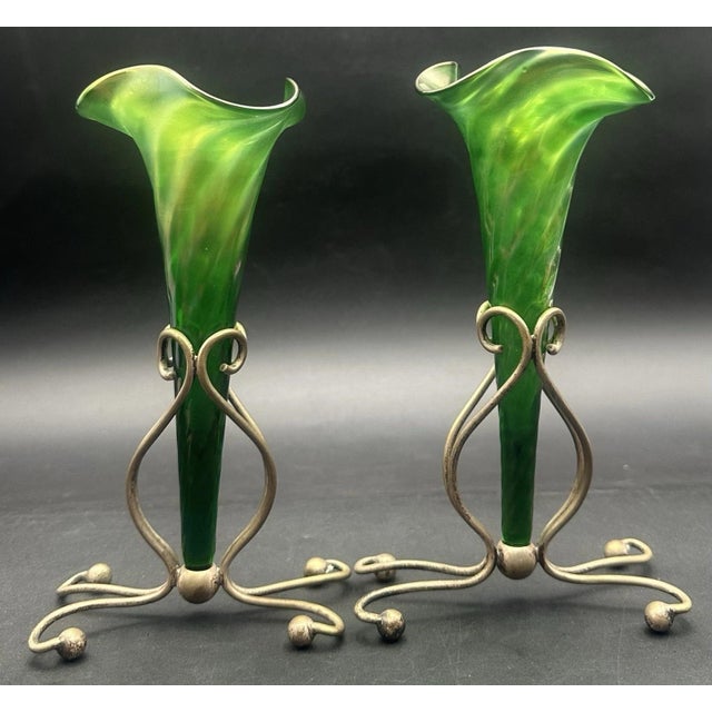 Antique Victorian Glass Epergne Trumpet Horn Vase Green Opaline Metal Base Pair For Sale - Image 11 of 17