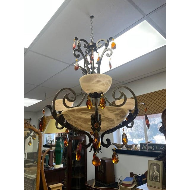 Rustic European Vintage Fredrick Ramond Alabaster Glass Lighted Chandelier, Amber Crystal Glass, Six Lights, Metal For Sale - Image 3 of 11
