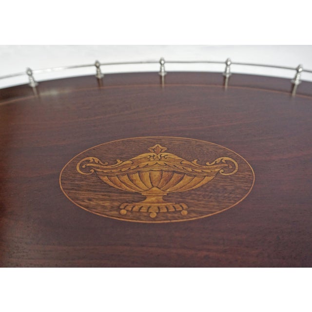 American Antique American Sterling Silver Mounted Inlaid Wood Oval Gallery Serving Tray For Sale - Image 3 of 5