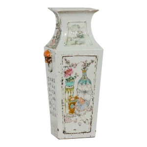 Qing Dynasty White Porcelain Vase with Painted Flowers, Objects and Calligraphy
