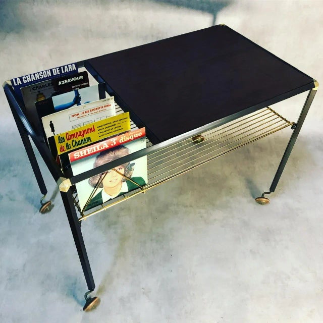 50s iron disc storage table on wheels, Formica tray.