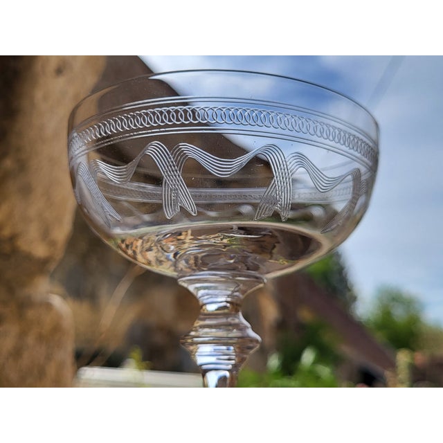 Engraved Crystal Champagne Coupes, 19th Century, 1890s, Set of 8 For Sale - Image 9 of 12