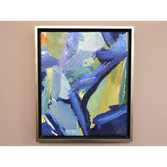 BLUE INTERLUDE Size: 19.9 × 16.9 inches (including frame) Oil on canvas A striking and beautifully textured mid-century...