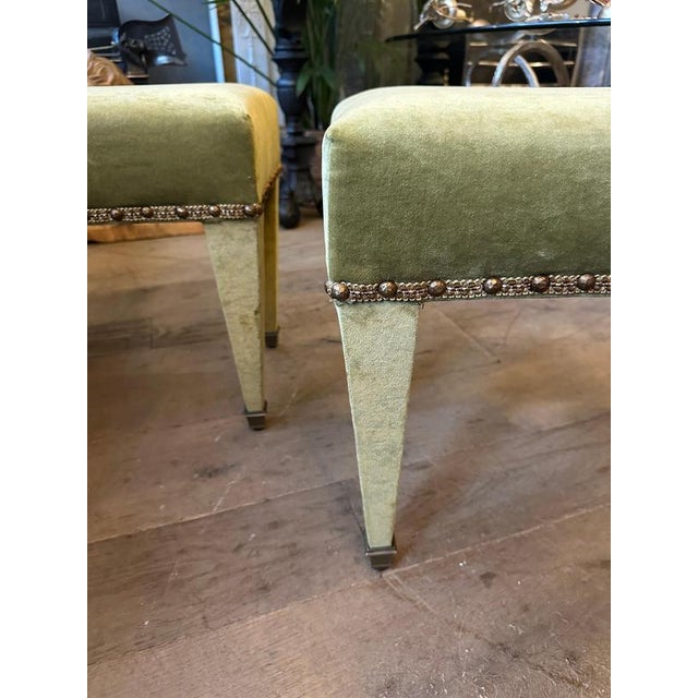 Metal Mid-Century French Green Velvet and Brass Ottomans, 1950, Set of 2 For Sale - Image 7 of 10