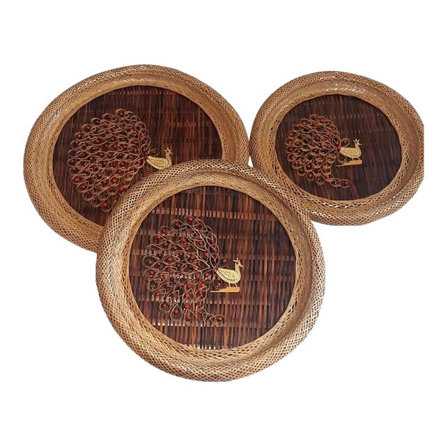 Set of 3 Wicker Rattan MCM Wall Hangings Peacocks Seed Art Round Graduated Sizes For Sale