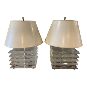 Vintage Pair Mid-Century Modern George Bullio Style Stacked Square Lucite Lamps Table Lamp