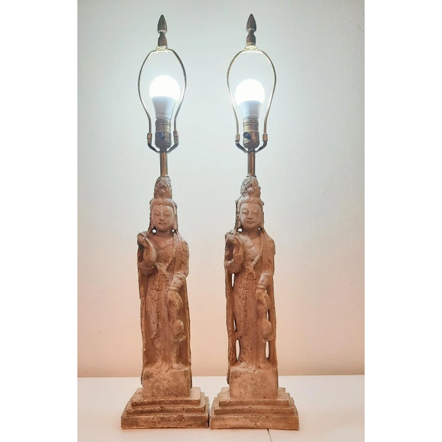 Goddess Asian Kwan Yin Buddhist Lamps Pair For Sale - Image 10 of 13