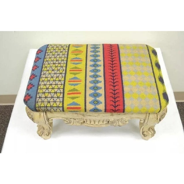 Baroque Mid 20th Century Vintage French Baroque Style Wooden Distress White Painted Footstool Ottoman For Sale - Image 3 of 9