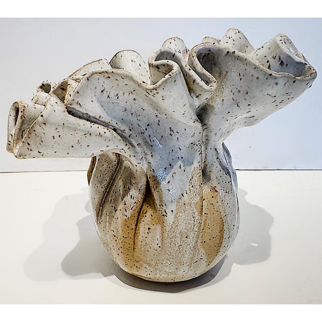 Barbara Dalton Hand-built Drapery Fold Studio Pottery Vase Offered for sale is a vintage flecked and crimped neck vintage...