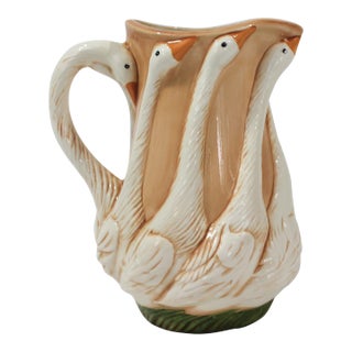 Vintage Hand Painted Ceramic Goose Gaggle Pitcher or Vase 1987 For Sale