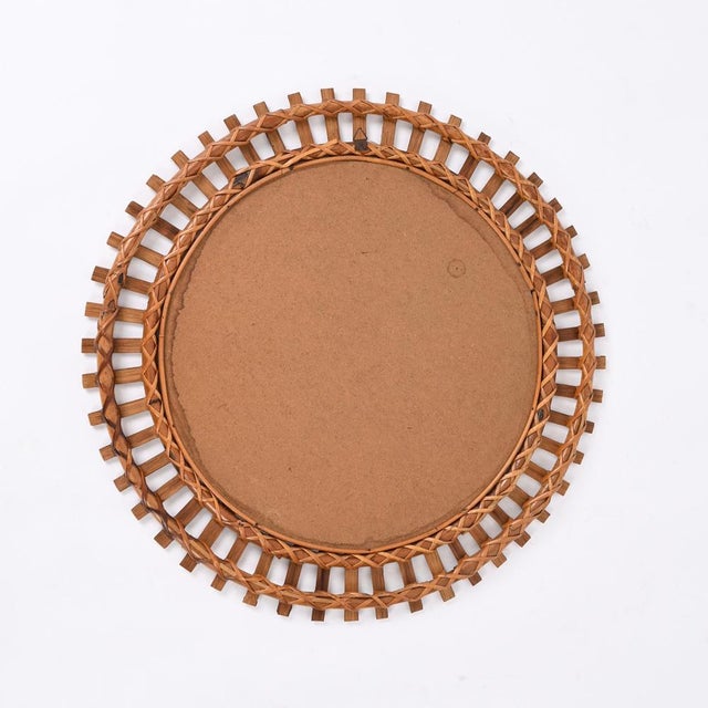 Wood Mid-Century Italian Round Mirror in Rattan, Bamboo and Wicker attributed to Franco Albini, 1970s For Sale - Image 7 of 14