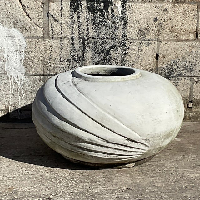 Early 21st Century Vintage White Deco Style Cement Planter With Ridges For Sale - Image 5 of 8