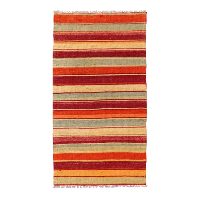Vintage Hand Woven Turkish Kilim Runner With Stripes in Red, Green, Yellow, and Orange For Sale