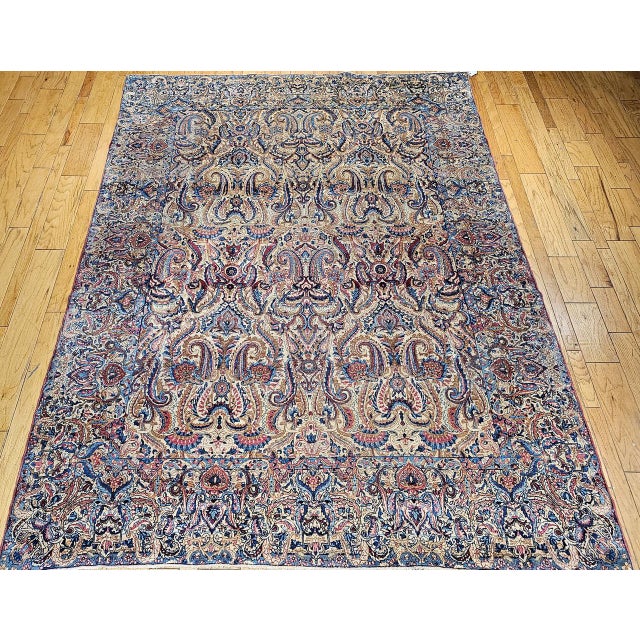 Cream Antique Persian Kerman Lavar Rug, Hand-Knotted Wool, All-Over Floral Pattern, Ivory & Blue, 9x12 For Sale - Image 8 of 16