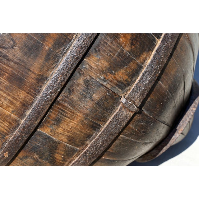 Giant Wooden Well Bucket With Iron Bands 19th Century Chinese Rustic 20lb Firewood Holder For Sale - Image 12 of 18