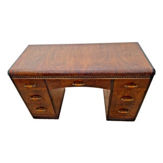 1930s Art Deco Desk Waterfall Top Seven Dovetail Bakelite Drawers Burl Walnut Carved For Sale