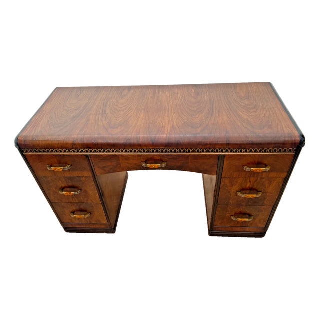 1930s Art Deco Desk Waterfall Top Seven Dovetail Bakelite Drawers Burl Walnut Carved For Sale