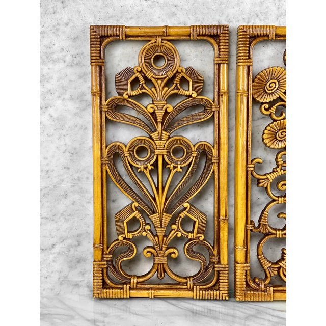 Vintage Coastal Faux Rattan Floral Sculptural Wall Hanging Panels – A Pair For Sale - Image 4 of 8