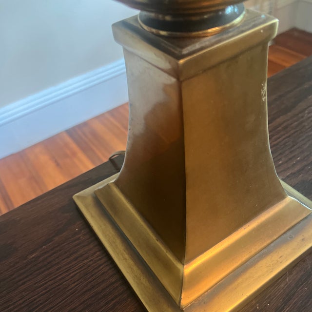 1970s Rembrandt Lamp Company Hollywood Regency Brass Palm Leaf Torchiere Table Lamps With Original Shades - a Pair For Sale - Image 10 of 12