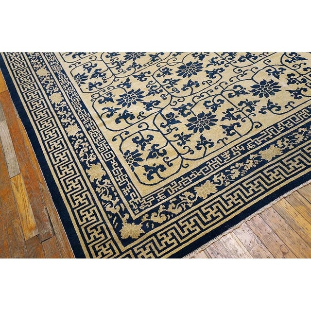 Chinese 1890s Ivory Background Geometric Blue Floral Design Antique Chinese Peking Rug For Sale - Image 3 of 8