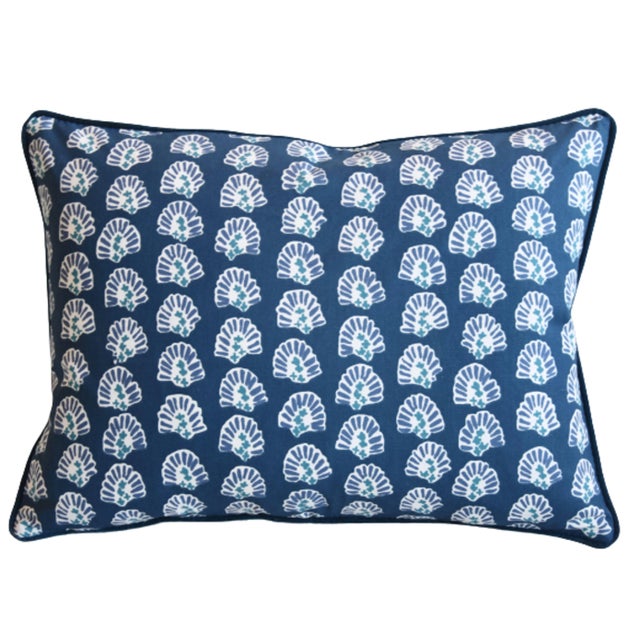 Custom-tailored pillow in Designer Robert Allen "Kola Stencile Lapis" cotton fabric depicting a beautiful beachy coastal...