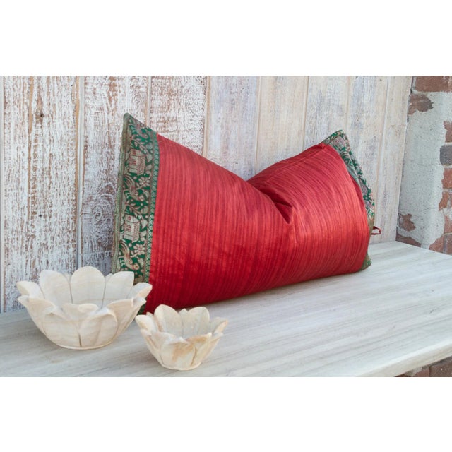 Indian Vintage Red Large Festive Indian Silk Queen Lumbar Pillow Cover For Sale - Image 3 of 9