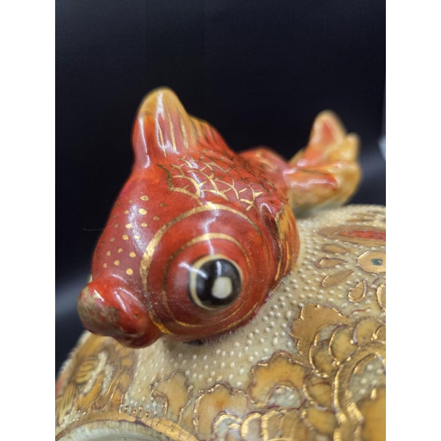 Grand 14" Jeweled Japanese Satsuma-Style Moriage Lidded Urn - Immortal Koi Handles For Sale - Image 12 of 18