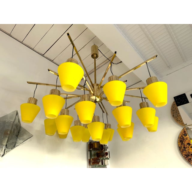 Mid-Century Modern Large Contemporary Brass Chandelier Yellow Murano Glass Cup, Italy For Sale - Image 3 of 12