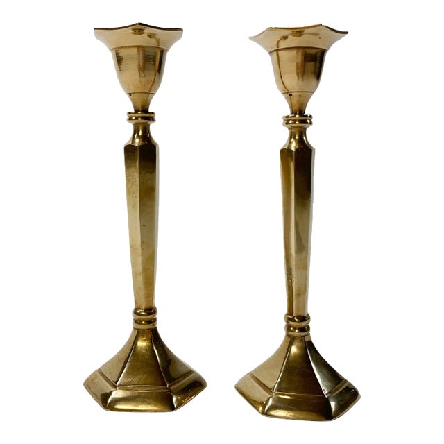 Large Vintage Tuliped Brass Candlestick Holder Pair For Sale