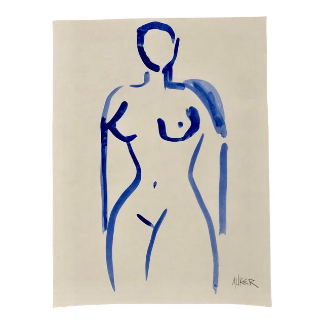 Contemporary Gouache on Paper Drawing by Auker, Blue Nude #11 For Sale