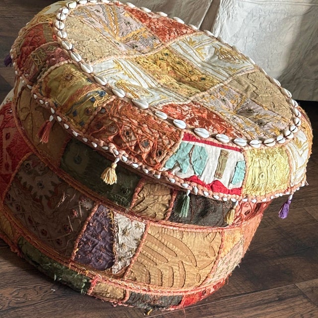 One-of-a-kind bohemian pouf footstool sourced from ABC Carpet & Home. Hand-stitched in Rajasthan, India, with a Bohemian...