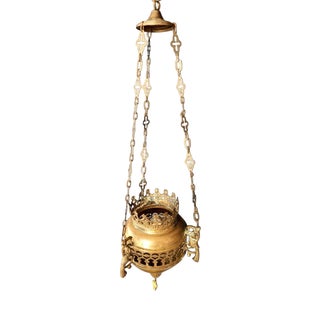 Antique Greek Orthodox Byzantine Brass Sanctuary Vigil Oil Lamp, 1920 For Sale
