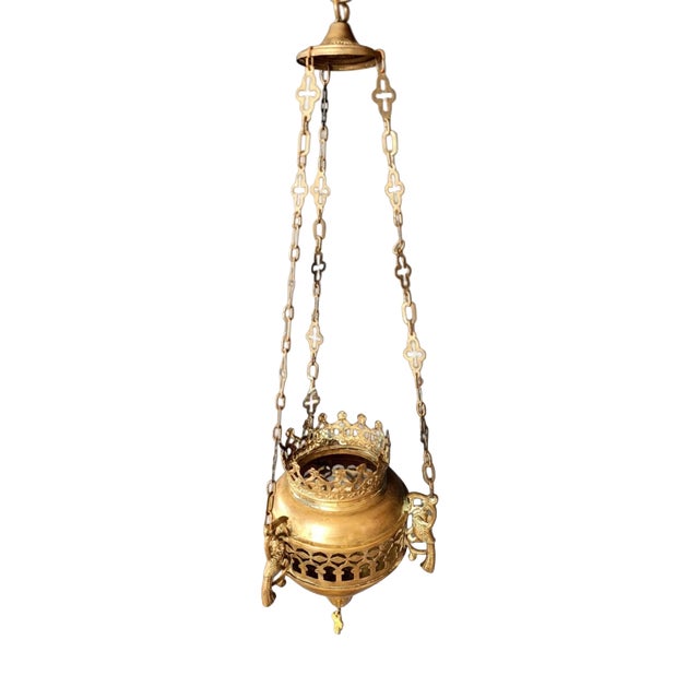 Antique Greek Orthodox Byzantine Brass Sanctuary Vigil Oil Lamp, 1920 For Sale