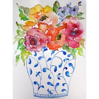 Chinoiserie Floral Still Life Watercolor Painting For Sale